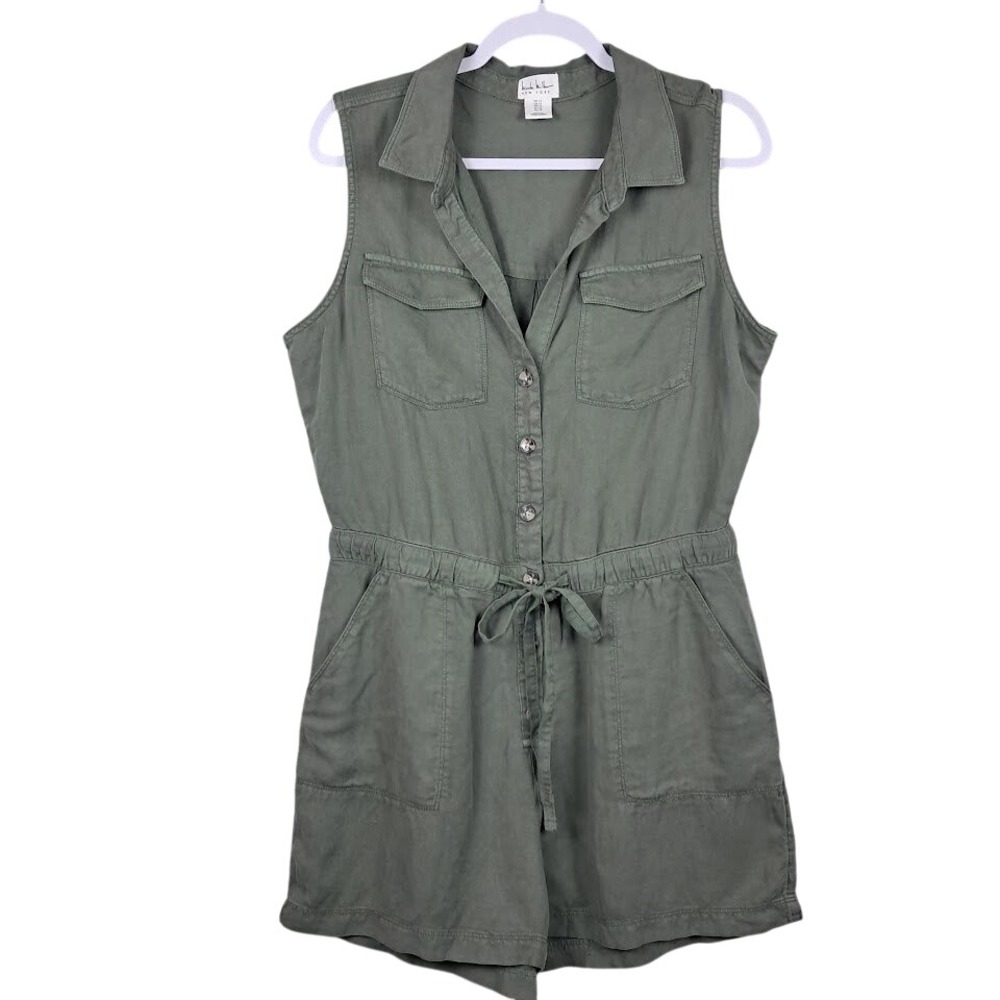 NICOLE MILLER 12 Linen Blend Romper Army‎ Green Drawstring Waist Sleeveless